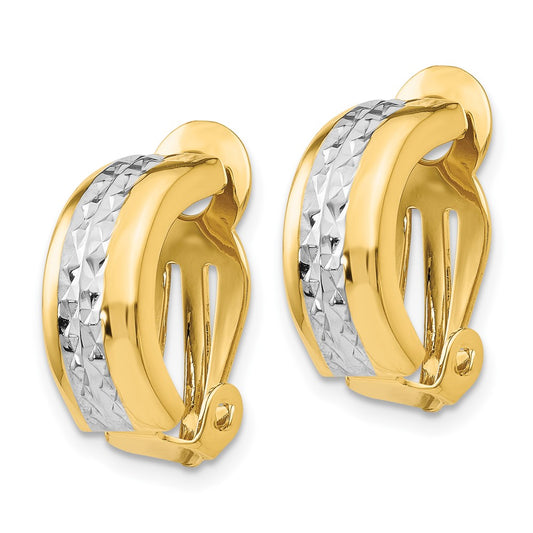 14k and White Rhodium 6x17mm Diamond-cut Half Hoop Omega Back Non-pierced Earrings