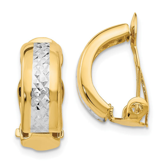14k and White Rhodium 6x17mm Diamond-cut Half Hoop Omega Back Non-pierced Earrings
