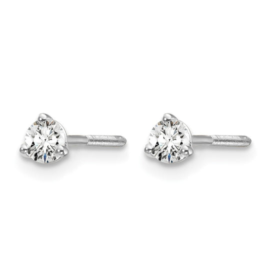 14k White Gold 1/5 carat Certified Lab Grown Diamond VS+ F+ Round Complete Three Prong Screwback Stud Earrings
