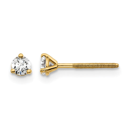 14k 1/5 carat Certified Lab Grown Diamond VS/SI+ G+ Round Complete Three Prong Screwback Stud Earrings