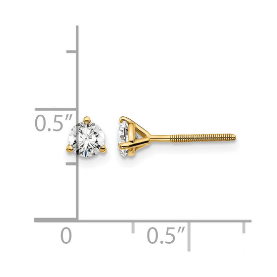 14k 1/2 carat Certified Lab Grown Diamond VS/SI+ G+ Round Complete Three Prong Screwback Stud Earrings