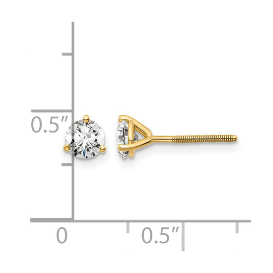 14k 3/4 carat Certified Lab Grown Diamond VS+ F+ Round Complete Three Prong Screwback Stud Earrings