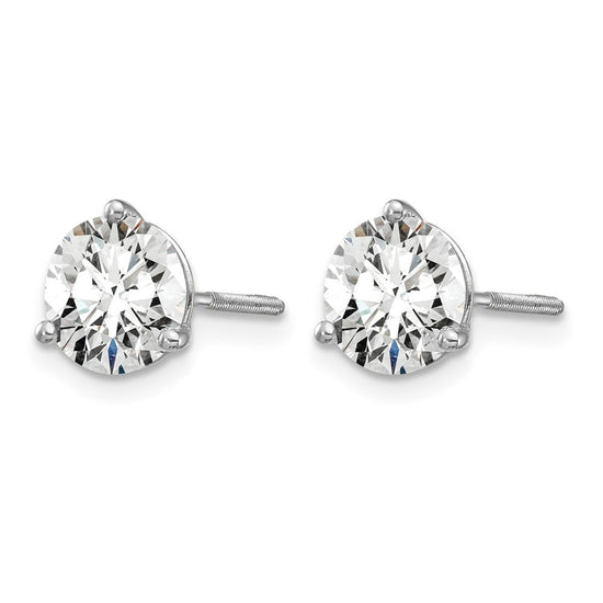 14k White Gold 1 1/2 carat Lab Grown Diamond VS/SI+ G+ Round Complete Three Prong Screwback Stud Earrings