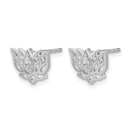 14k White Gold 1/20 carat Diamond Lotus Flower Post Earrings