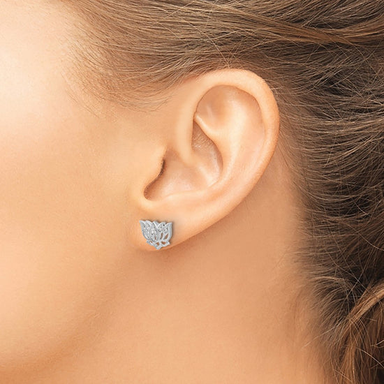 14k White Gold 1/20 carat Diamond Lotus Flower Post Earrings