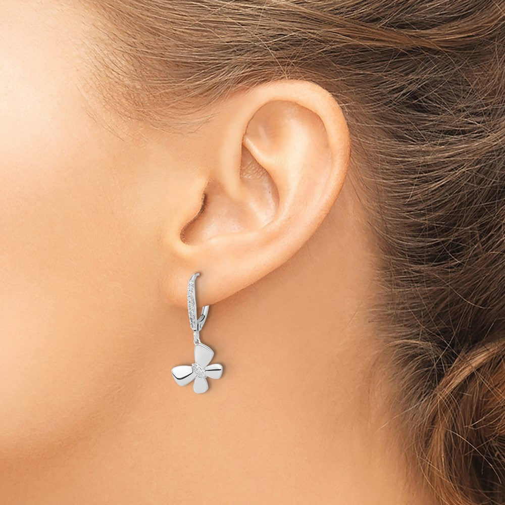 14k White Gold 1/6 carat Diamond Butterfly Dangle Leverback Earrings
