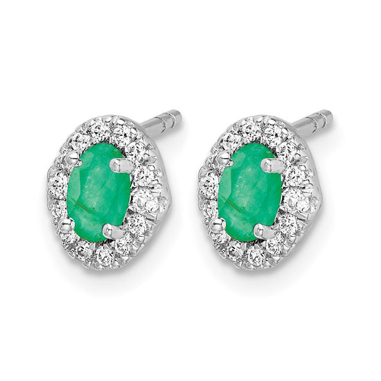 14k White Gold 1/6 carat Lab Grown Diamond VS/SI+ G+ and Oval Created Emerald Complete Halo Post Earrings