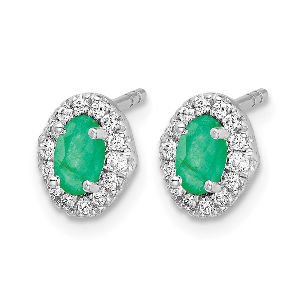 14k White Gold 1/6 carat Lab Grown Diamond VS/SI+ G+ and Oval Created Emerald Complete Halo Post Earrings