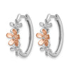 14k Rose and White Gold 1/20 carat Diamond Flowers Hinged Hoop Earrings