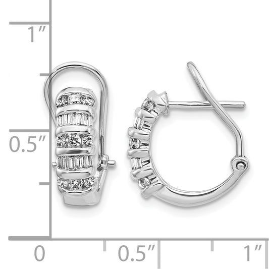 14k White Gold 1/2 carat Round/Baguette Diamond Omega Back Hoop Earrings