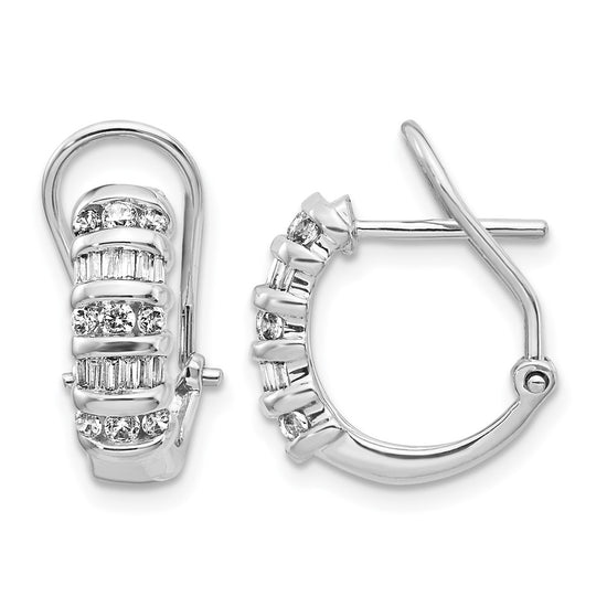 14k White Gold 1/2 carat Round/Baguette Diamond Omega Back Hoop Earrings