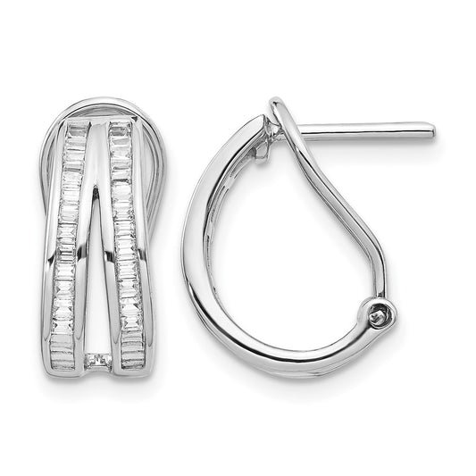 14k White Gold 2-row Baguette 1/2 carat Diamond Omega Back Hoop Earrings