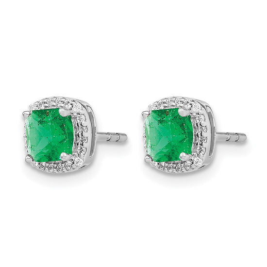 14k White Gold 5mm Cushion Emerald and Diamond Halo Post Earrings