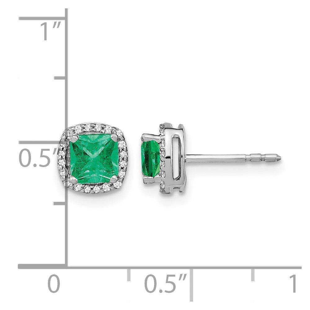 14k White Gold 5mm Cushion Emerald and Diamond Halo Post Earrings