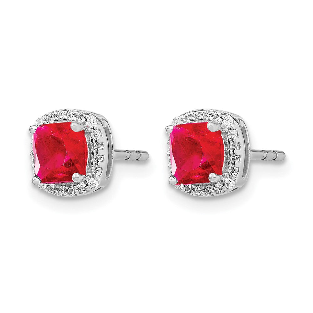 14k White Gold 5mm Cushion Ruby and Diamond Halo Post Earrings