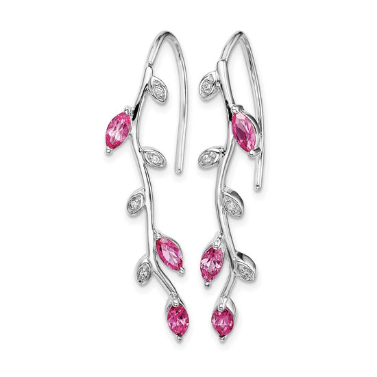 14k White Gold Diamond and Marquise Pink Sapphire Leaves Drop Wire Earrings