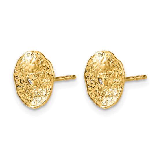 14k Small Textured Circle Diamond Post Earrings