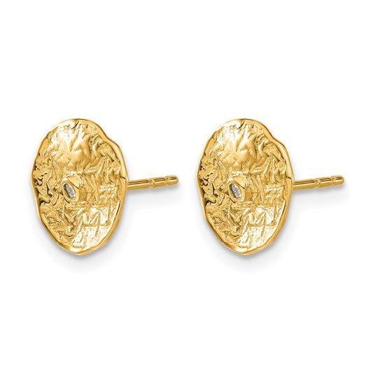 14k Small Textured Circle Diamond Post Earrings