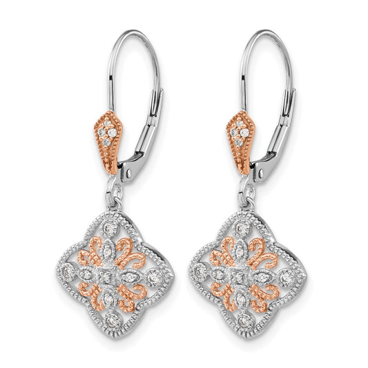 14k White Gold with Rose Rhodium 1/8 carat Diamond Leverback Earrings