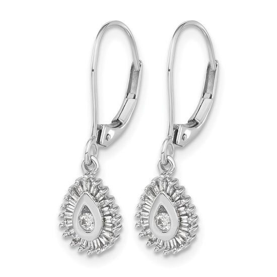 10k White Gold 1/4 carat Baguette Diamond Teardrop Halo Leverback Earrings