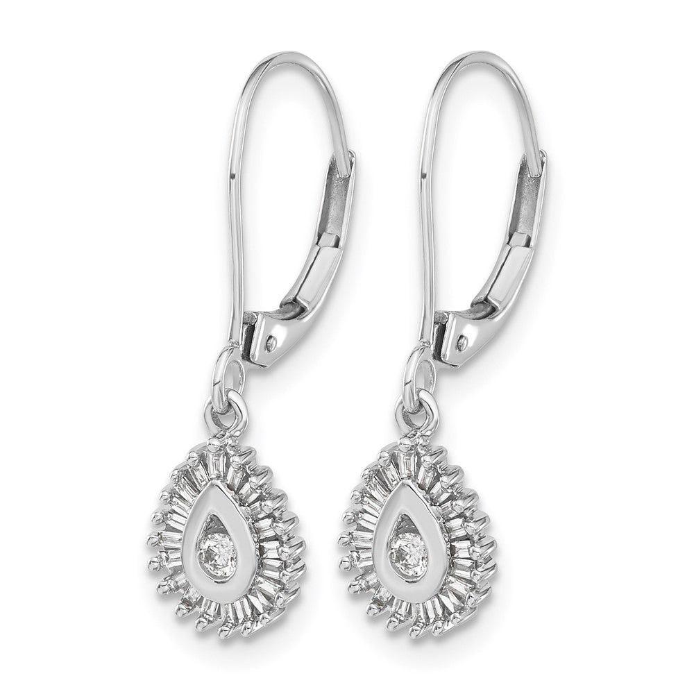 10k White Gold 1/4 carat Baguette Diamond Teardrop Halo Leverback Earrings