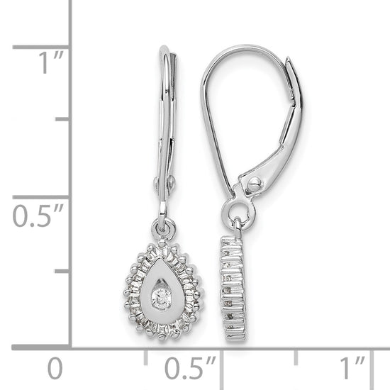 10k White Gold 1/4 carat Baguette Diamond Teardrop Halo Leverback Earrings