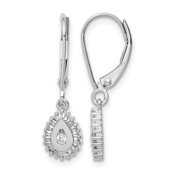 10k White Gold 1/4 carat Baguette Diamond Teardrop Halo Leverback Earrings