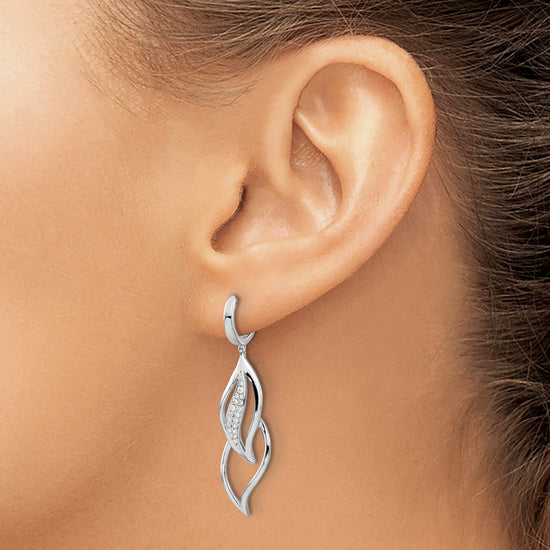 14k White Gold 1/4 carat Diamond Hinged Hoop Leaf Design Dangle Earrings
