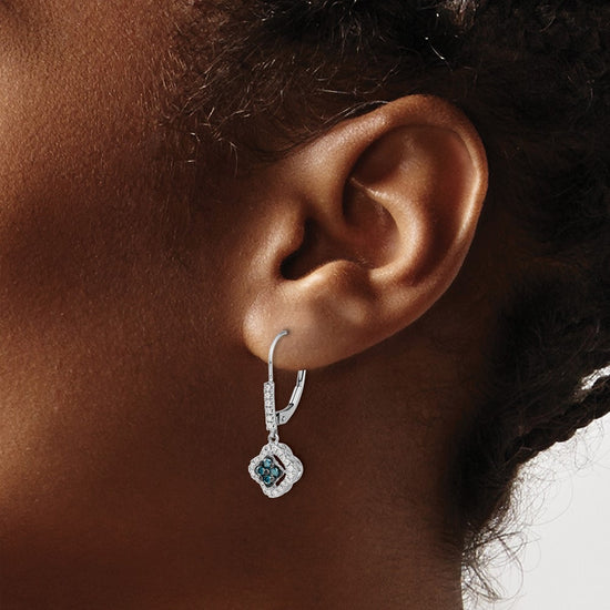 14k White Gold 3/8 carat White and Blue Diamond Dangle Leverback Earrings
