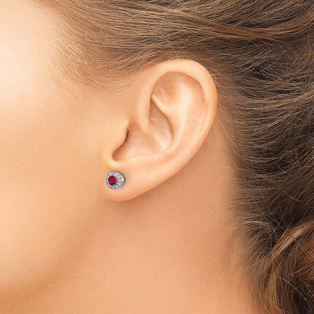 14k White Gold 3.5mm Round Blue Ruby and Diamond Halo Post Earrings