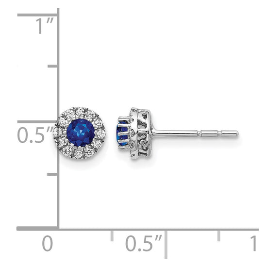 14k White Gold 3.5mm Round Blue Sapphire and Diamond Halo Post Earrings