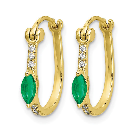 14k 1/20 carat Diamond and 5x2.5mm Marquise Emerald Hinged Hoop Earrings