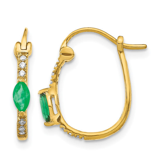 14k 1/20 carat Diamond and 5x2.5mm Marquise Emerald Hinged Hoop Earrings