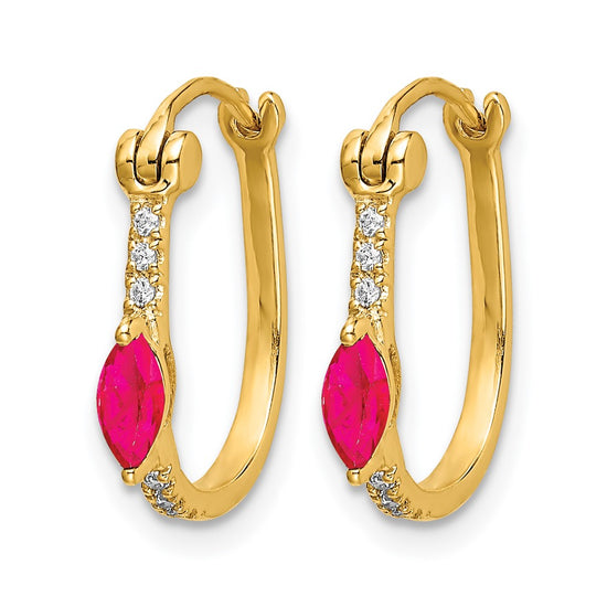 14k 1/20 carat Diamond and 5x2.5mm Marquise Ruby Hinged Hoop Earrings