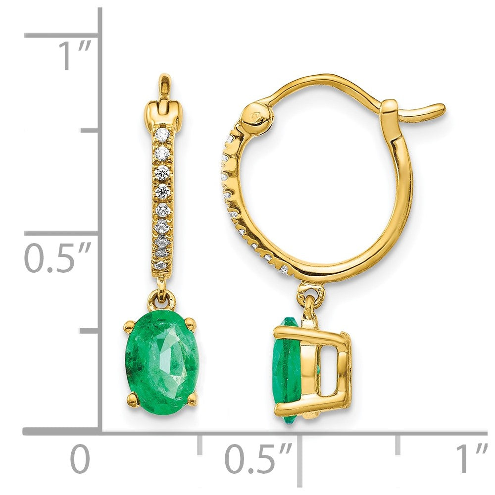 14k 1/10 carat Diamond and 7x5mm Oval Emerald Dangle Hoop Earrings
