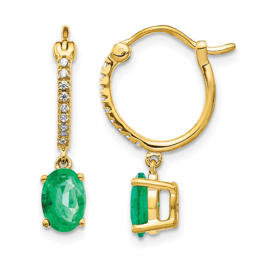 14k 1/10 carat Diamond and 7x5mm Oval Emerald Dangle Hoop Earrings