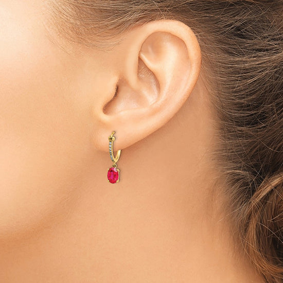 14k 1/10 carat Diamond and 7x5mm Oval Ruby Dangle Hoop Earrings