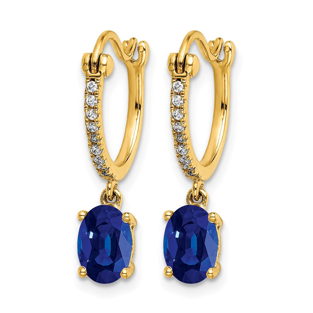 14k 1/10 carat Diamond and 7x5mm Oval Sapphire Dangle Hoop Earrings