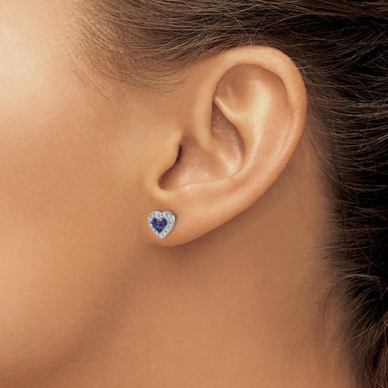 14k White Gold Sapphire Cluster and Diamond Halo Heart Post Earrings