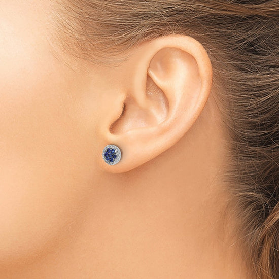 14k White Gold Sapphire Cluster and Diamond Halo Round Post Earrings