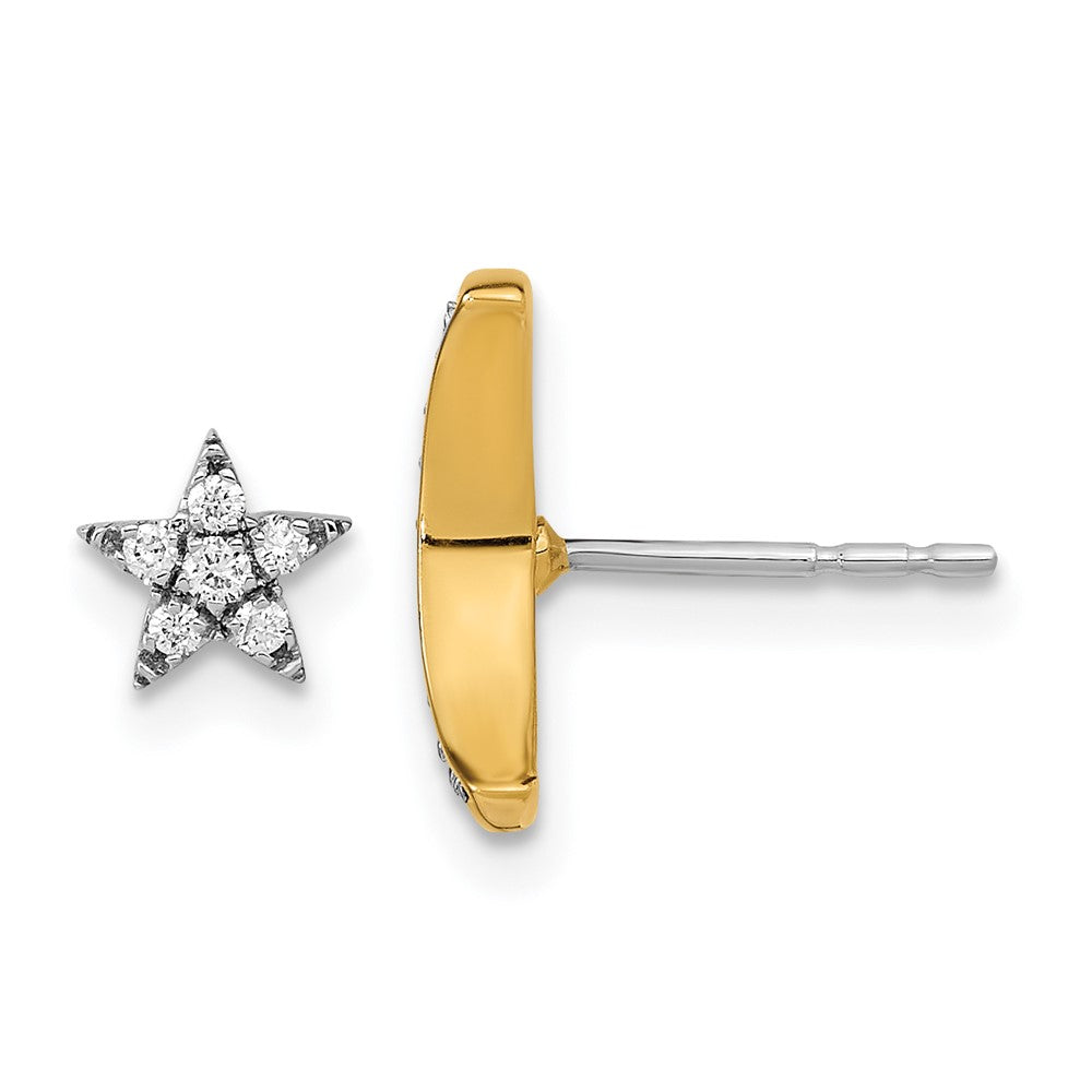 14k Two-tone 1/6 carat Diamond Crescent Moon and Star Mis-match Post Earrings