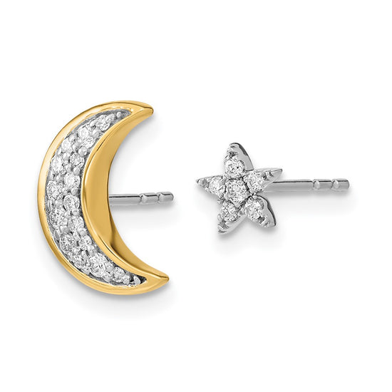 14k Two-tone 1/6 carat Diamond Crescent Moon and Star Mis-match Post Earrings