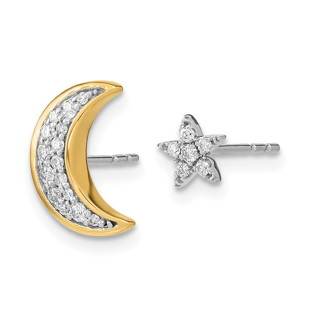 14k Two-tone 1/6 carat Diamond Crescent Moon and Star Mis-match Post Earrings