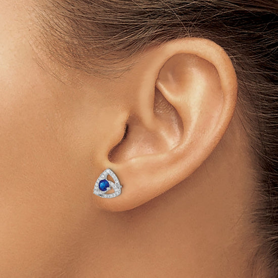 14k White Gold 3.5mm Round Blue Sapphire and Diamond Triangle Post Earrings