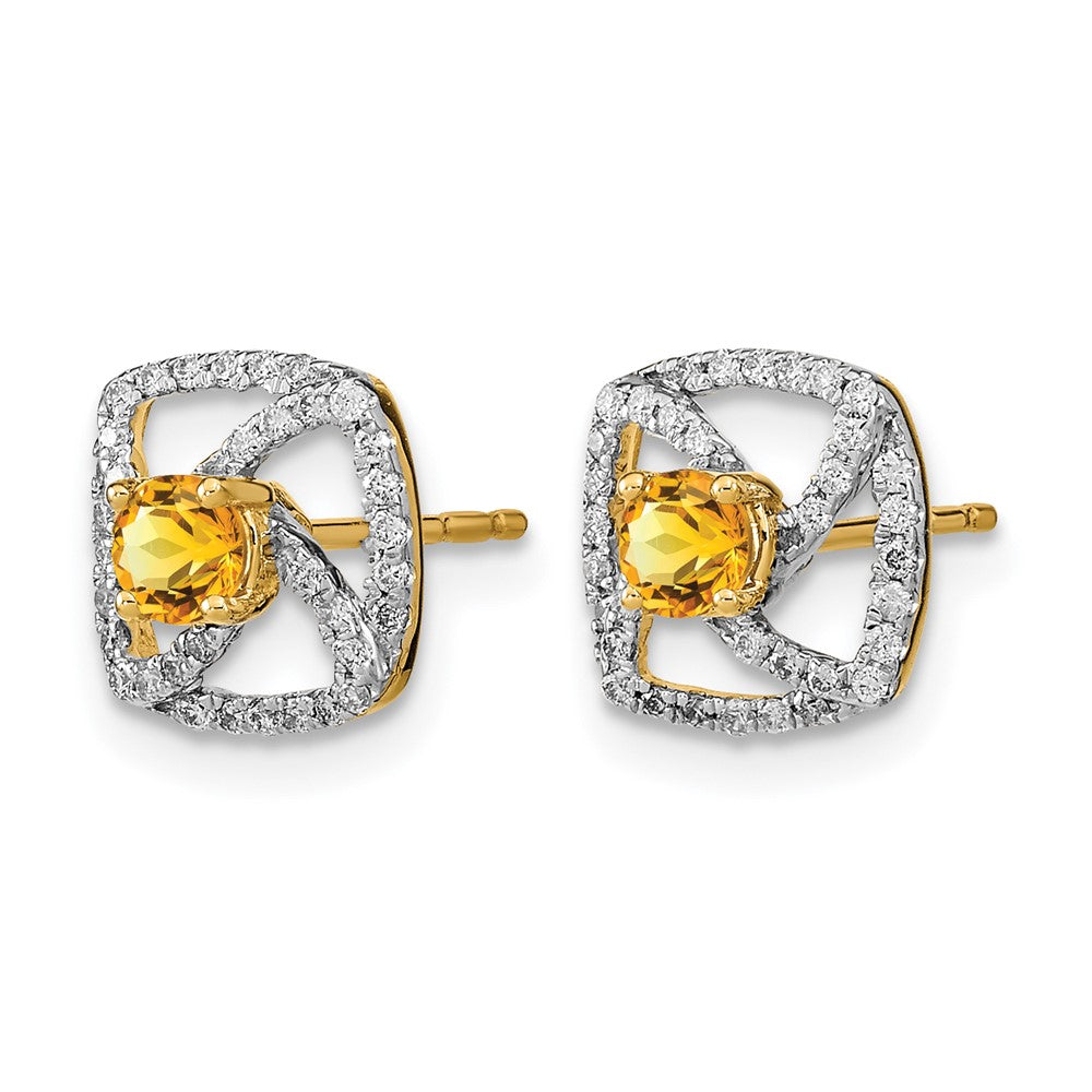 14k Polished 1/5 carat Diamond and 3.4mm Round Citrine Square Post Earrings