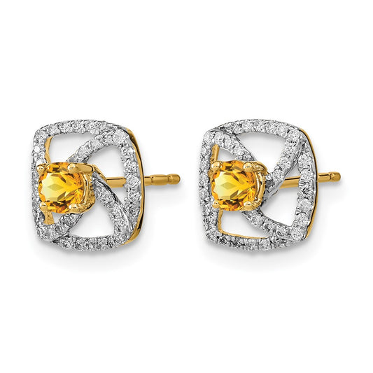 14k Polished 1/5 carat Diamond and 3.4mm Round Citrine Square Post Earrings