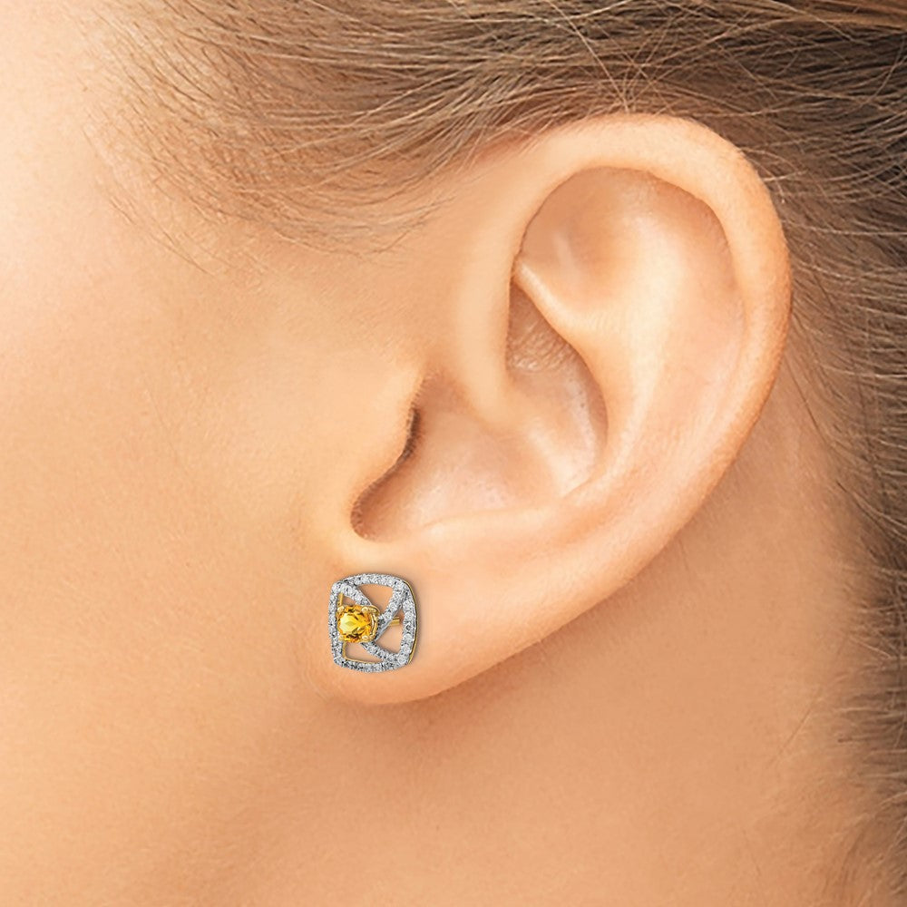 14k Polished 1/5 carat Diamond and 3.4mm Round Citrine Square Post Earrings