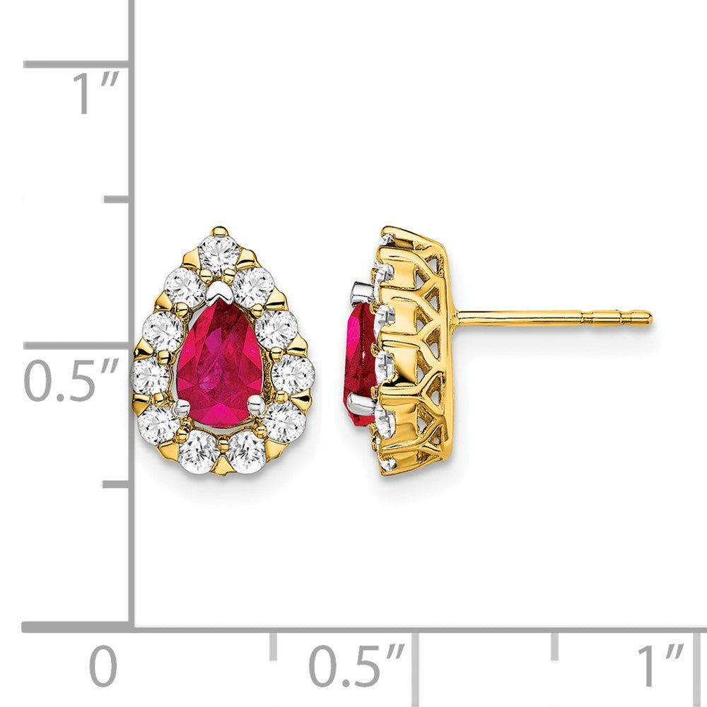 14k 6x4mm Pear Ruby and 3/4 carat Diamond Halo Post Earrings