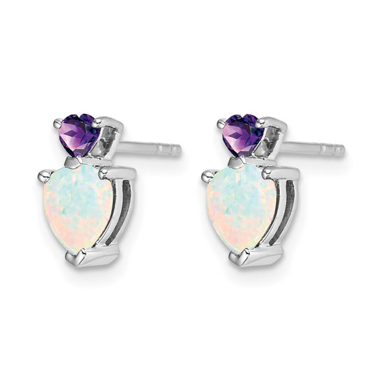 14k White Gold 6mm Heart Lab Created Opal and Amethyst Post Earrings