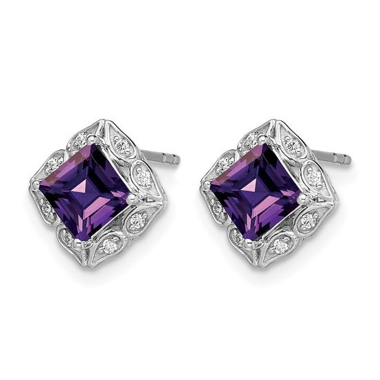 14k White Gold 5mm Square Amethyst and .08 carat Diamond Post Earrings